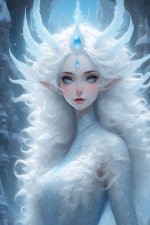 Official Art, Unity 8K Wallpaper, Super Detailed, Beautiful and Aesthetic, Masterpiece, Top Quality, (Zentangle, Mandala, Tangle, Tangle), (Fractal Art: 1.3), Illustrate a girl with the power of ice, featuring ice-white hair and clothing, perfect hands, stunning beauty, crystal blue eyes, set in a snowy landscape. Emphasize (((intricate details))), (((highest quality))), (((extreme detail quality))), and a (((captivating winter composition))). Use a palette of cool blues and whites, drawing inspiration from artists like Artgerm, Sakimichan, and Stanley Lau,midjourney,shards,realistic