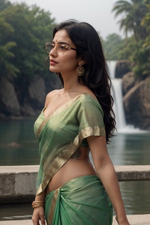 photorealistic,masterpiece,hd_quality,2_girls,long_hair,detailed eyes and face, big_breasts,low key,  neon green designer silk saree with contrast blouse , eye_glasses, seductive body, water_falls background,seductive pose, gorgeous girl, exposed_navel,off_shoulder dress,india saree, boobie tattoo, back profile photo