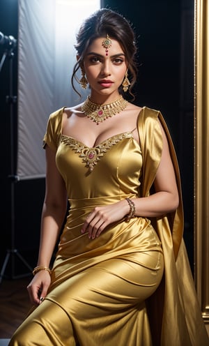 A beautiful photograph of a model wearing a golden satin brocade dress, platinum jewelry, maharani dress in dusky model, Photography, Softbox, Trending on artstation, Sharp Focus, Studio Shot, Intricate Details, Highly detailed, by Saroj Sahu, fashion magazine cover