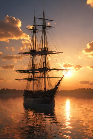 (((masterpiece))), (((best quality))), ((ultra-detailed)),  tall ship in lake, beautifull sunset  back ground, sun mirror on lake, cinematic light, ,chibi