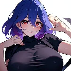 Vermeil, low cut, sexy, 1girls, purple hair, red eyes, white background,  short black shirt with straps
