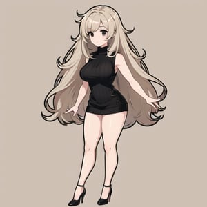  Long Messy Hair, Beige Skin, Black Eyes, Black Sleeveless Sweater, Big Breasts, Big Thighs, Black Heels, White EyelashesWhite, Chibi, Full Body, Standing