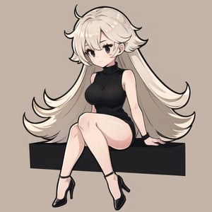  Long Messy Hair, Beige Skin, Black Eyes, Black Sleeveless Sweater, Big Breasts, Big Thighs, Black Heels, White EyelashesWhite, Chibi, Full Body, Sitting