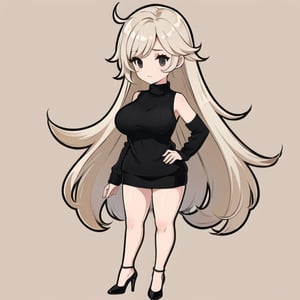  Long Messy Hair, Beige Skin, Black Eyes, Black Sleeveless Sweater, Big Breasts, Big Thighs, Black Heels, White EyelashesWhite, Chibi, Full Body, Standing