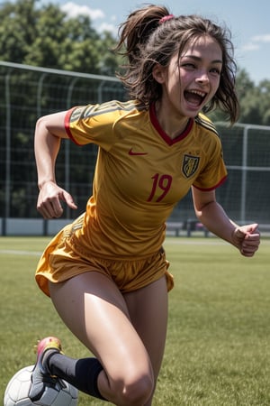 A sporty girl with short brown hair and brown eyes is playing soccer in a field. She is wearing a yellow jersey with no shorts or panties. She has a soccer ball and a pair of cleats in her hands, and she is running with speed and agility. She loves soccer and sports, and she is always energetic and competitive. She has a confident personality and a friendly laugh. She is cute and cool, and everyone likes her. no panty, Pubic hair is clearly visible, nude bottom