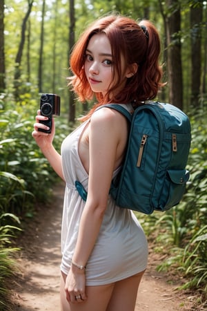 A curious girl with curly red hair and blue eyes is exploring a forest. She is wearing a very short revealing green dress and a brown backpack. She has a camera and a map in her hands, and she is looking around with wonder. She has no pants or skirt and shows some pubic hair or butt cheeks, She has a creative mind and a playful spirit. She is friendly and kind, and she respects all living creatures. She likes to take pictures of the beautiful scenery and the animals she encounters. She has a passion for discovery and a sense of humor. She is cute and fun, and everyone admires her. She hopes that one day, she will be able to travel the world and see all the wonders it has to offer.