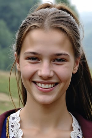 a very beautiful young girl from Romania. Smiling head and shoulders portrait. Cinematic realistic. High facial detail