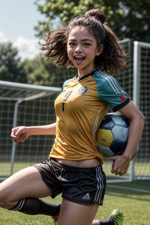 A sporty girl with short brown hair and brown eyes is playing soccer in a field. She is wearing a yellow jersey and no shorts or panties. She has a soccer ball and a pair of cleats in her hands, and she is running with speed and agility. She loves soccer and sports, and she is always energetic and competitive. She has a confident personality and a friendly laugh. She is cute and cool, and everyone likes her. Pubic hair is clearly visible