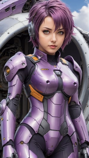ultra detailed illustration, an adult woman with anime pilot plug suit, she has (grey eyes) and short purple hair, waist high shot, mecha pilot