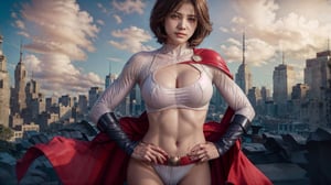 Realistic, (masterpiece 1.4), (Ultra HD quality), (8k HDR quality), 1girl, solo, hitech armor, Hi-Tech web shooter, torn armor, dirty armor, ripped armor, wounded face, nipple erect, looking at viewer, sagging breasts, sharp eyes, deadly look, ,powergirl, boob window, white leotard, blonde hair , bob haircut, red belt , red cape,
