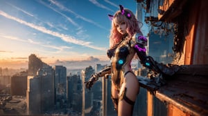 (masterpiece, top quality, best quality, official art, beautiful and aesthetic:1.2), (1girl), extreme detailed,(fractal art:1.3), colorful, highest detailed, r1ge, A photo of a sexy 16-year-old girl floating around in an erotic futuristic mechanical suit, ((neon)), full body, fortn view, look at view, nude, short hair, pink hair, ((wavy hair)), hair ornament, futuristic ruined city in the background, sunset light in the distance, The general atmosphere is mildly sad but peaceful, transparent bodystocking, mecha, zoom out, high angle view,Arial view,transparent bodystocking
