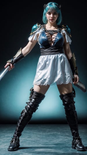 super sexy superheroines, centered, full body, | aqua hair color, light blue eyes, | super Sexy girl in full body platinum armor, armored thighs, pauldrons, wielding a sword | (simple background, black background:1.2),sophitia_whitedress_aiwaifu