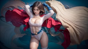 (Power girl:1.2), (power girl DC), (blonde hair), (bob cut), white latex, (elbow length gloves:1.2), cleavage, skin tight, (leotard), (cleavage hole), (cleavage circle), (boob window), (white latex), shiny, (green boots:1.2), (high-heel boots), (thigh high boots), (white leotard), (blue gloves:1.2), (red cape), (sash cape), (blue boots), (red belt:1.2), (Gigantic breasts), (gigantic cleavage), (muscular woman:1.2), (gigantic breasts), (huge breasts), high detail, long legs, (Gigantic breasts), (Massive breasts), (muscular woman:1.2), huge breasts, high detail, long legs, (athletic woman), (very tiny waist:1.4), Beautiful detailed face, best quality, (layered hair), tiny waist, firm lips, full lips, thin waist, Big breasts, sanpaku eyes, high resolution, high quality, Hair over eyes, ,powergirl,cape,boob window,bul4n,red belt