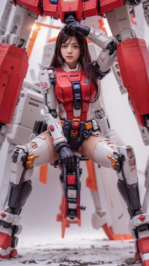 ((High resolution)),((high detailed)),cowboy shot, photorealistic, masterpiece, official art, crimson red and white background,raw photo, best quality, 1girl, character focus, 17 years old, ginger hair, long hair, two buns, resemble Asuka Langley, mecha, mechanical girl, red black exosuit, neon genesis evangalion, mechanical pilot suit, beautiful eyes, (delicate face), perfect detail, perfect feet, cinematic lighting, dark studio, ((hyper detailed face)),((hyper detailed eyes)),(((exposed thighs))),Gundam