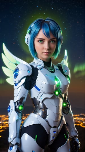 1girl, masterpiece, incredibly absurdres, glowing eyes, short hair, glow fairy wings, mecha headgear, best quality, sexy mecha armor, blue hair, green eyes, looking at viewer, center, standing, night sky, big planet, constellation background, from above