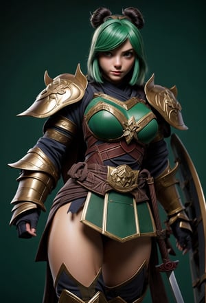 Super Sexy Superheroines, ultra-detailed, 
((High resolution)),((high detailed)), cowboy shot, photo realistic, masterpiece, official art, old japan background,
raw photo, best quality, 8k resolution, 
sole_female, character focus, 24 years old, green hair, short hair, two buns, resemble  Chloë Grace Moretz, samurai girl, green samurai armor suit, beautiful eyes, (delicate face), perfect detail, perfect feet, sexy legs, medium breast, nice boobs, lots of exposed skin, full body, holding big sword, prepare to fight, cleavage cutout, torn clothing, torn armor, ripped armor, damaged armor, dirty armor, wounded face, dirty face, 
cinematic lighting, dark studio, ((hyper detailed face)),((hyper detailed eyes)),(((exposed thighs))),samurai musume