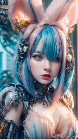 (masterpiece, top quality, best quality, official art, beautiful and aesthetic:1.2), (1 girl:1.4), Upper body portrait of a stunning and captivating character with (pink|blue hair:1.5), meticulously detailed in a mesmerizing and colorful (fractal art:1.3) style, featuring the highest level of detail and showcasing intricate (Mechanical modification:1.5).,bunnytech