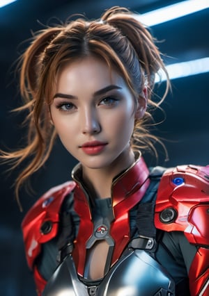 Super Sexy Superheroines, ultra-detailed, 
((High resolution)),((high detailed)), cowboy shot, photorealistic, masterpiece, official art, futuristic space background, blur backgound,
raw photo, best quality, 8k resolution, 
sole_female, character focus, 20 years old, ginger hair, ponytail hair, two buns, head gear, resemble gal gadot, mecha, mechanical girl, neon red exosuit, neon genesis evangalion, mechanical pilot suit, beautiful eyes, (delicate face), perfect detail, perfect feet, sexy legs, open legs, medium breast, nice boobs, lots of exposed skin, full body, 
cinematic lighting, dark studio, ((hyper detailed face)),((hyper detailed eyes)),(((exposed thighs))),mecha musume