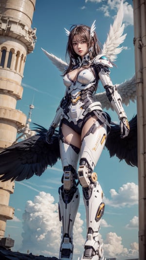 mecha,1girl,Detailed mechanical body, mecha angel wings,full body,mechanical_wings,thrusters,sky,cloudy sky,(masterpiece, incredibly absurdres, highres, best quality, official art, beautiful and aesthetic:1.2), (shiny skin, shiny face),