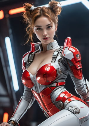 Super Sexy Superheroines, ultra-detailed, 
((High resolution)),((high detailed)), cowboy shot, photorealistic, masterpiece, official art, futuristic space background, blur backgound,
raw photo, best quality, 8k resolution, 
sole_female, character focus, 20 years old, ginger hair, ponytail hair, two buns, head gear, resemble gal gadot, mecha, mechanical girl, neon red exosuit, neon genesis evangalion, mechanical pilot suit, beautiful eyes, (delicate face), perfect detail, perfect feet, sexy legs, open legs, medium breast, nice boobs, lots of exposed skin, full body, 
cinematic lighting, dark studio, ((hyper detailed face)),((hyper detailed eyes)),(((exposed thighs))),mecha musume