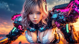 (masterpiece, top quality, best quality, official art, beautiful and aesthetic:1.2), (1girl), extreme detailed,(fractal art:1.3), colorful, highest detailed, r1ge, A photo of a sexy 16-year-old girl floating around in an erotic futuristic mechanical suit, ((neon)), full body, fortn view, look at view, nude, short hair, pink hair, ((wavy hair)), hair ornament, futuristic ruined city in the background, sunset light in the distance, The general atmosphere is mildly sad but peaceful, transparent bodystocking, mecha, zoom out, high angle view,Arial view,transparent bodystocking
,mecha