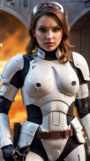sexy masterpiece, best quality, highest quality, high definition, highly detailed, 8K, front light, female stormtrooper in armor, athletic and fit body, naughty, perfect hands, detailed hands, perfect eyes, detailed eyes, flirty, sexy, naughty, posing, hands and arms at sides, large perky boobs, realistic, HDR, UHD, dynamic, cleavage, battle background