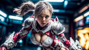 Super Sexy Superheroines, ultra-detailed, 
((High resolution)),((high detailed)), cowboy shot, photo realistic, masterpiece, official art, cyberspace background,in a battlefield,fighting in a ferocious battlefield,
photo, best quality, 8k resolution, 
sole_female, character focus, 21 years old, grey hair, ponytail hair, two buns, Resemble Chloë Grace Moretz, gundam girl, multi-color white red blue gundam armor suit, beautiful eyes, (delicate face), perfect detail, perfect feet, sexy legs, open legs, medium breast, nice boobs, lots of exposed skin, full body, prepare to fight, cyborg head gear, cleavage cutout, torn clothing, torn armor, ripped armor, damaged armor, dirty armor, wounded face, dirty face,
cinematic lighting, dark studio, ((hyper detailed face)),((hyper detailed eyes)),(((exposed thighs))),gundam musume,