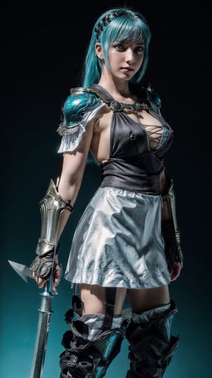 super sexy superheroines, centered, full body, | aqua hair color, light blue eyes, | super Sexy girl in full body platinum armor, armored thighs, pauldrons, wielding a sword | (simple background, black background:1.2),sophitia_whitedress_aiwaifu