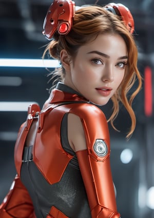 Super Sexy Superheroines, ultra-detailed, 
((High resolution)),((high detailed)), cowboy shot, photorealistic, masterpiece, official art, futuristic space background, blur backgound,
raw photo, best quality, 8k resolution, 
sole_female, character focus, 20 years old, ginger hair, ponytail hair, two buns, head gear, resemble gal gadot, mecha, mechanical girl, neon red exosuit, neon genesis evangalion, mechanical pilot suit, beautiful eyes, (delicate face), perfect detail, perfect feet, sexy legs, open legs, medium breast, nice boobs, lots of exposed skin, full body, 
cinematic lighting, dark studio, ((hyper detailed face)),((hyper detailed eyes)),(((exposed thighs))),mecha musume