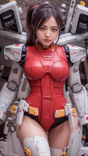 Super Sexy Superheroines, ultra-detailed, 
((High resolution)),((high detailed)), cowboy shot, photorealistic, masterpiece, official art, futuristic space background, blur backgound,
raw photo, best quality, 8k resolution, 
sole_female, character focus, 22 years old, pink hair, ponytail hair, two buns, resemble  Asuka Langley, mecha, mechanical girl, red exosuit, neon genesis evangalion, mechanical pilot suit, beautiful eyes, (delicate face), perfect detail, perfect feet, sexy legs, medium breast, nice boobs, lots of exposed skin, full body, cleavage cutout
cinematic lighting, dark studio, ((hyper detailed face)),((hyper detailed eyes)),(((exposed thighs))),mecha musume