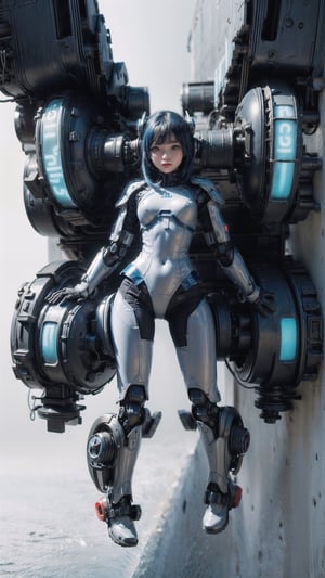 centered, full body, digital art, | dark blue hair, dark blue eyes, female cute robot, chibi, metal, white and blue futuristic armor, neon lights, | (white background:1.2), simple background, | (symetrical),hydrotech