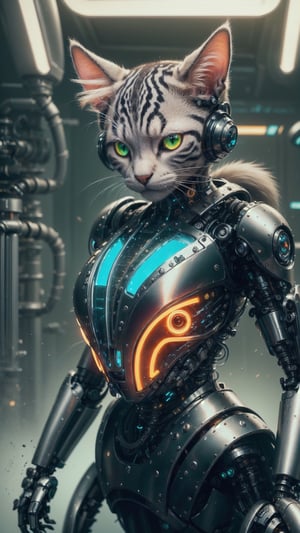 ((High resolution)),((high detailed)), cowboy shot, photo realistic, masterpiece, official art, cyberspace background,
photo, best quality, 8k resolution, cyborg Cat, kitten,  multicolor Yellow red green Neon Light, cinematic lighting, dark studio, ,hydrotech
