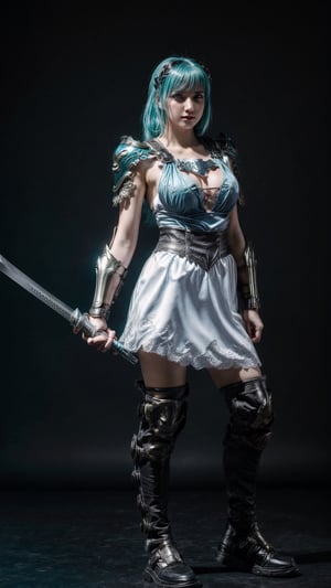 super sexy superheroines, centered, full body, | aqua hair color, light blue eyes, | super Sexy girl in full body platinum armor, armored thighs, pauldrons, wielding a sword | (simple background, black background:1.2),sophitia_whitedress_aiwaifu