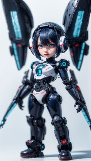 centered, full body, digital art, | dark blue hair, dark blue eyes, female cute robot, chibi, metal, white and blue futuristic armor, neon lights, | (white background:1.2), simple background, | (symetrical),hydrotech,mechanical