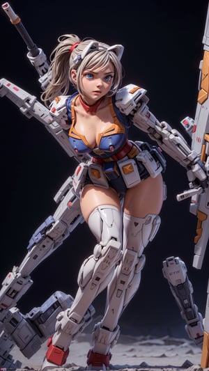 Super Sexy Superheroines, ultra-detailed, 
((High resolution)),((high detailed)), cowboy shot, photo realistic, masterpiece, official art, cyberspace background,in a battlefield,fighting in a ferocious battlefield,
photo, best quality, 8k resolution, 
sole_female, character focus, 21 years old, gray hair, ponytail hair, two buns,Chloë Grace Moretz face, gundam girl, multi-color white red blue gundam armor suit, beautiful eyes, (delicate face), perfect detail, perfect feet, sexy legs, open legs, medium breast, nice boobs, lots of exposed skin, full body, prepare to fight, cyborg head gear, cleavage cutout,
cinematic lighting, dark studio, ((hyper detailed face)),((hyper detailed eyes)),(((exposed thighs))),gundam musume,