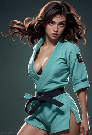 ultra-detailed, 
((High resolution)),((high detailed)), cowboy shot, photo realistic, masterpiece, official art, masterpiece, 1 girl, beautiful teenage girl, young teenage martial art fighter, sexy judo, short hair, black hair, two buns, curl, sexy white judo outfit, determined, fearless, judo, high kick, dynamic pose, combat pose, heroic, brilliant, unbuttoned, Tiffany blue bra, perfect feet, sexy legs, medium breast, nice boobs, lots of exposed skin, full body, 7cleavage cutout, torn clothing, wounded body, dirty face,  ((hyper detailed face)),((hyper detailed eyes)),(((exposed thighs))),sivir