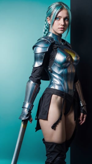 super sexy superheroines, centered, full body, | aqua hair color, light blue eyes, | super Sexy girl in full body platinum armor, armored thighs, pauldrons, wielding a sword | (simple background, black background:1.2),sophitia_whitedress_aiwaifu,cammy_green_bodysuit_aiwaifu