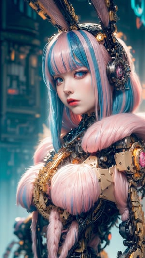 (masterpiece, top quality, best quality, official art, beautiful and aesthetic:1.2), (1 girl:1.4), Upper body portrait of a stunning and captivating character with (pink|blue hair:1.5), meticulously detailed in a mesmerizing and colorful (fractal art:1.3) style, featuring the highest level of detail and showcasing intricate (Mechanical modification:1.5).,bunnytech,ritsu______co, fluffy,scifi