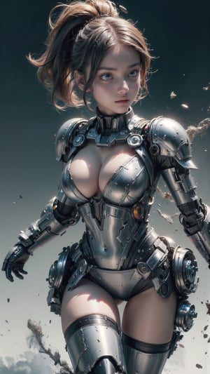 Super Sexy Superheroines, ultra-detailed, 
((High resolution)),((high detailed)), cowboy shot, photo realistic, masterpiece, official art, cyberspace background,in a battlefield,fighting in a ferocious battlefield,
photo, best quality, 8k resolution, 
sole_female, character focus, 21 years old, gray hair, ponytail hair, two buns,Chloë Grace Moretz face, gundam girl, multi-color white red blue gundam armor suit, beautiful eyes, (delicate face), perfect detail, perfect feet, sexy legs, open legs, medium breast, nice boobs, lots of exposed skin, full body, prepare to fight, cyborg head gear, cleavage cutout, torn clothing, torn armor, ripped armor, damaged armor, dirty armor, wounded face, dirty face,
cinematic lighting, dark studio, ((hyper detailed face)),((hyper detailed eyes)),(((exposed thighs))),gundam musume,