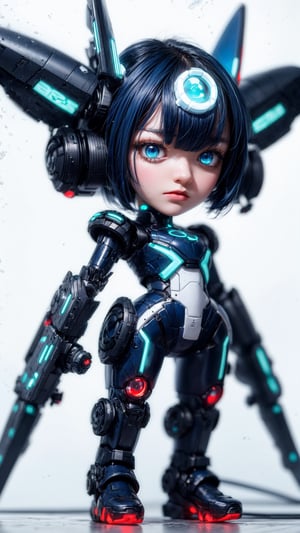 centered, full body, digital art, | dark blue hair, dark blue eyes, female cute robot, chibi, metal, white and blue futuristic armor, neon lights, | (white background:1.2), simple background, | (symetrical),hydrotech,mechanical,ritsu______co