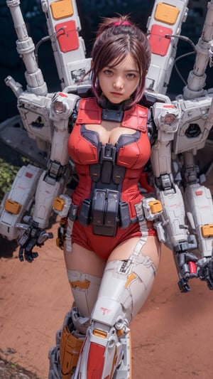 Super Sexy Superheroines, ultra-detailed, 
((High resolution)),((high detailed)), cowboy shot, photorealistic, masterpiece, official art, futuristic space background, blur backgound,
raw photo, best quality, 8k resolution, 
sole_female, character focus, 22 years old, pink hair, ponytail hair, two buns, resemble  Asuka Langley, mecha, mechanical girl, red exosuit, neon genesis evangalion, mechanical pilot suit, beautiful eyes, (delicate face), perfect detail, perfect feet, sexy legs, medium breast, nice boobs, lots of exposed skin, full body, cleavage cutout
cinematic lighting, dark studio, ((hyper detailed face)),((hyper detailed eyes)),(((exposed thighs))),mecha musume