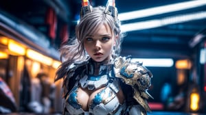 Super Sexy Superheroines, ultra-detailed, 
((High resolution)),((high detailed)), cowboy shot, photo realistic, masterpiece, official art, cyberspace background,in a battlefield,fighting in a ferocious battlefield,
photo, best quality, 8k resolution, 
sole_female, character focus, 21 years old, grey hair, ponytail hair, two buns, Resemble Chloë Grace Moretz, gundam girl, multi-color white red blue gundam armor suit, beautiful eyes, (delicate face), perfect detail, perfect feet, sexy legs, open legs, medium breast, nice boobs, lots of exposed skin, full body, prepare to fight, cyborg head gear, cleavage cutout, torn clothing, torn armor, ripped armor, damaged armor, dirty armor, wounded face, dirty face,
cinematic lighting, dark studio, ((hyper detailed face)),((hyper detailed eyes)),(((exposed thighs))),gundam musume,