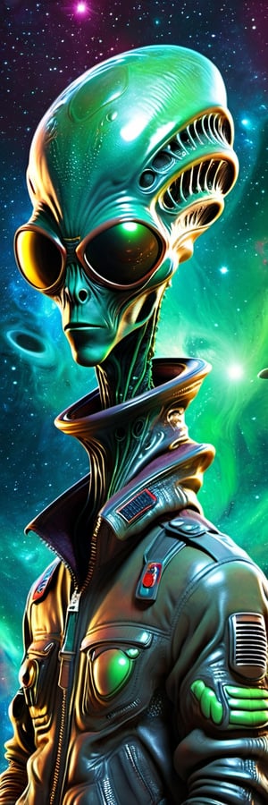 Alien with that drip, cool looking fella. hipster with style and class. The type of guy you wanna be that picks up all the ladies. So awesome. space background. chilled, relaxed, laidback. Same character, but add to the background some more elements.
