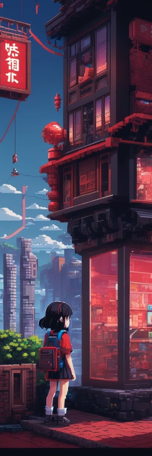 Pixel-Art Adventure featuring a boy: and a Robot Pixelated girl character, vibrant 8-bit environment, reminiscent of classic games.,Leonardo Style Anime key visual of a giant girl with black hair and red eyes holding a plushie on the edge of a building, highly detailed, trending on artstation
