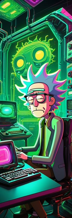 Rick Sanchez, the brilliant but eccentric scientist from the show Rick and Morty, sits in front of a sleek, retro-futuristic computer in a dimly-lit room decorated in a neon-drenched synthwave style. The computer screen flickers with lines of code as Rick types furiously on the keyboard, surrounded by shelves of vintage electronics and other high-tech gadgets. The room is filled with the pulsing beats of synthwave music, creating a futuristic, cybernetic atmosphere that perfectly captures Rick's technological prowess and cutting-edge style.,Monster,DonMG414XL