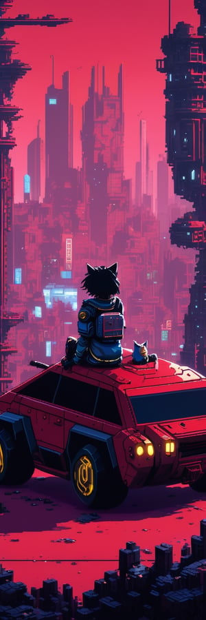 Pixel-Art Adventure featuring a boy: and a Robot Pixelated girl character, vibrant 8-bit environment, reminiscent of classic games.,Leonardo Style 
((cyberpunk)), cat-girl, sitting on top of a red mecha, ((city in ruins)) on background

