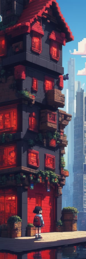 Pixel-Art Adventure featuring a boy: and a Robot Pixelated girl character, vibrant 8-bit environment, reminiscent of classic games.,Leonardo Style 
Anime key visual of a giant girl with black hair and red eyes holding a plushie on the edge of a building, highly detailed, trending on artstation