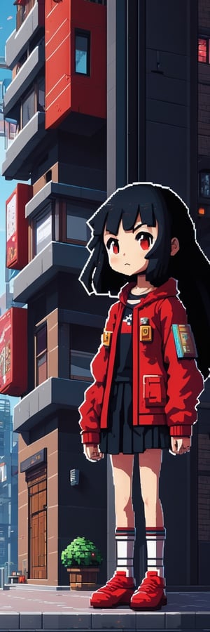 Pixel-Art Adventure featuring a boy: and a Robot Pixelated girl character, vibrant 8-bit environment, reminiscent of classic games.,Leonardo Style 
Anime key visual of a giant girl with black hair and red eyes holding a plushie on the edge of a building, highly detailed, trending on artstation
