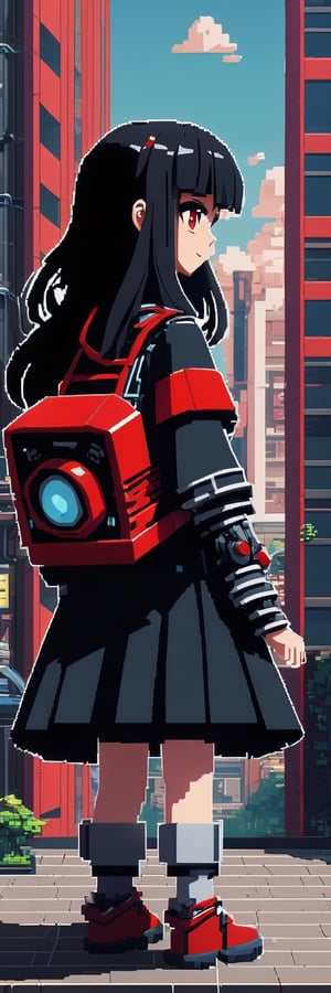 Pixel-Art Adventure featuring a boy: and a Robot Pixelated girl character, vibrant 8-bit environment, reminiscent of classic games.,Leonardo Style Anime key visual of a giant girl with black hair and red eyes holding a plushie on the edge of a building, highly detailed, trending on artstation

