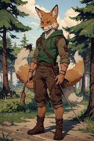 a furry male ranger holding a bow, (((fox male))), furry, fox ears, bow (weapon), green hood, belt, pouchs, medieval, fantasy, brown pants, forest, full body, boots, area lighting, HD, 8k
